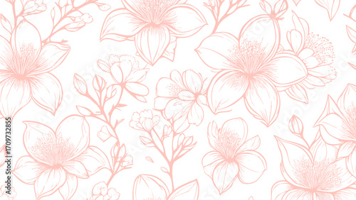 Pink and white seamless patterns background with flowers sakura.  Botanic tropical wallpaper with daisies flower and leaves. 