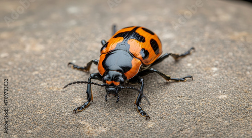 Orange and Black Spot Beetle Macro Shot on Stone Surface with Detailed Texture Arthropod Close Up Selective Focus and Natural Lighting