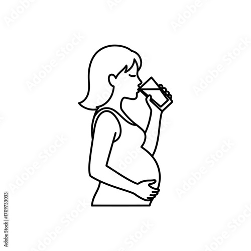 A pregnant woman drinks water from a glass, holding her belly, in a simple outline.