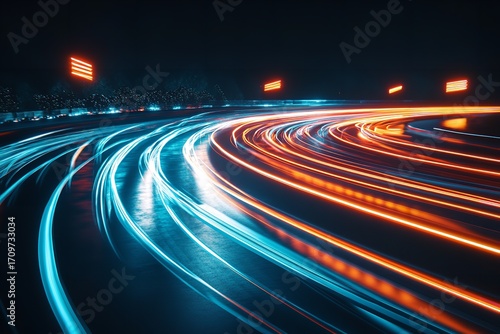 Dynamic neon light trails streak across dark race track symbolizing speed progress and futuristic motion, Generative AI.