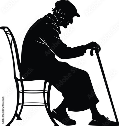 Elderly person silhouette sitting chair cane vector