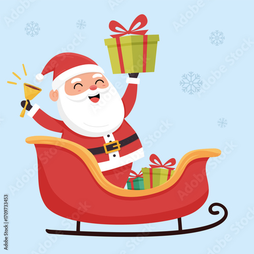 Santa holding gift and bell while riding sleigh with presents. Christmas celebration
