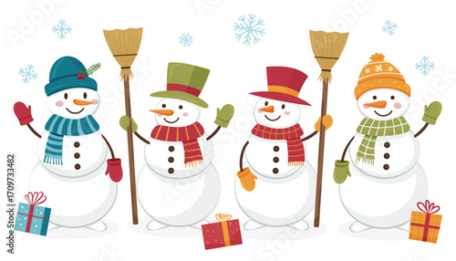 Four happy snowmen with colorful hats and scarves holding brooms, with snowflakes and gifts, celebrating winter fun
