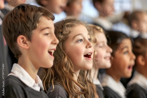 School choir students singing with open mouths during music performance