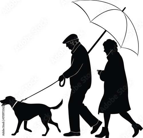 Elderly couple walks dog under umbrella vector