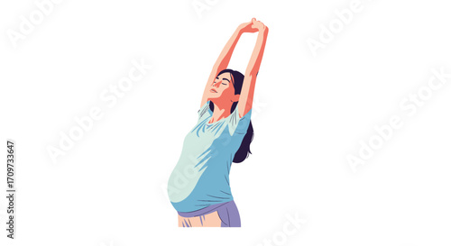 A pregnant woman stretching upwards with arms raised, enjoying the sunlight.
