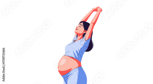 A pregnant woman stretches upwards with her arms raised, eyes closed, and relaxed.