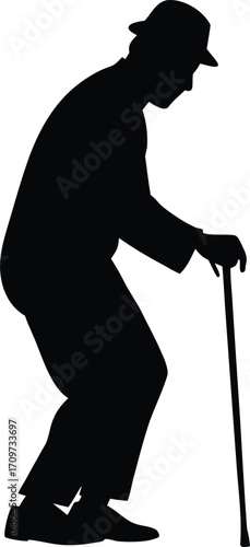 Elderly man silhouette with walking cane vector