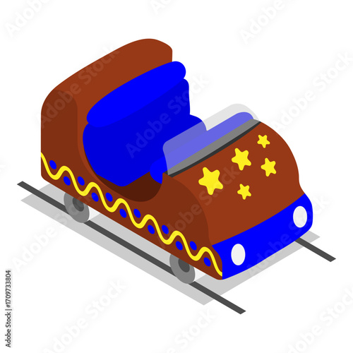 Isometric roller coaster cabin ready for amusement park visitors to board. Realistic 3D vector concept isolated on white background