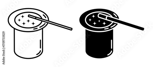 Linear icon, isometric magic wand doing magic in magician hat aerial view. Simple black and white top view vector isolated on white background
