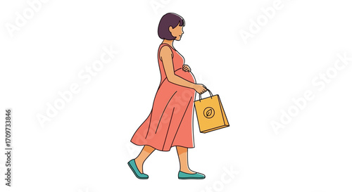 Pregnant woman in a dress walking with a shopping bag, side view, isolated on white.
