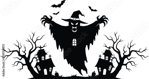 Scary ghost witch with bats flying above two haunted houses and creepy dead trees, spooky Halloween vector silhouette illustration design