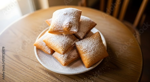 Delicious beignets with powdered sugar on a plate, ready to be enjoyed
