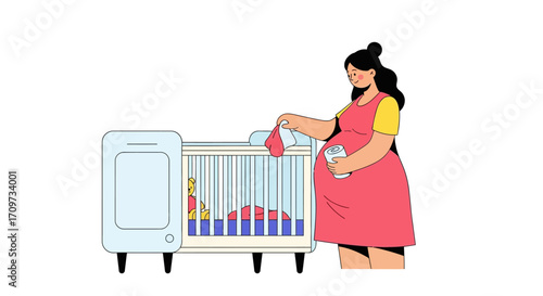 Pregnant woman tending to a baby's crib, possibly changing linens.