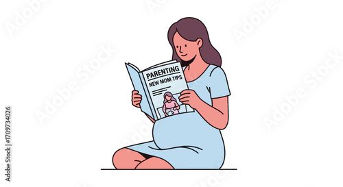 Pregnant woman sits reading a parenting magazine.