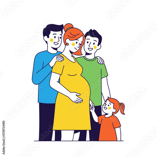 A pregnant woman is embraced by two men and a young child, smiling.