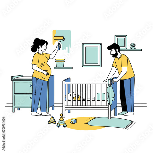 Expectant parents preparing a nursery, painting walls and setting up the crib for their baby.