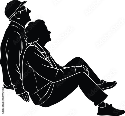 Elderly couple relaxed silhouette looking up vector