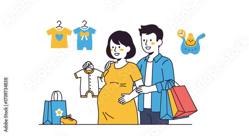 Expectant couple shopping for baby clothes and toys, excited about the upcoming arrival.