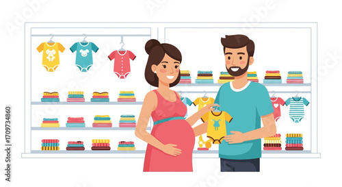 Expectant couple shopping for baby clothes in a store, smiling and holding a yellow onesie.