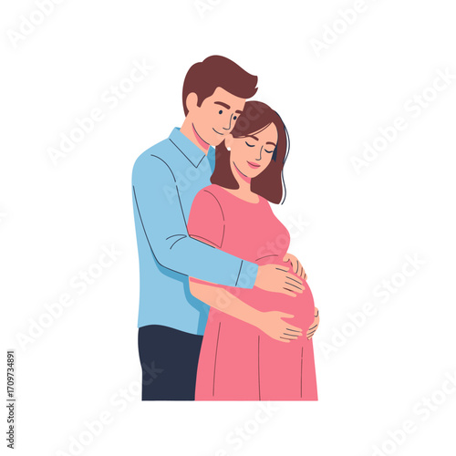 A man lovingly embraces his pregnant partner, gently holding her baby bump, both smiling with anticipation.