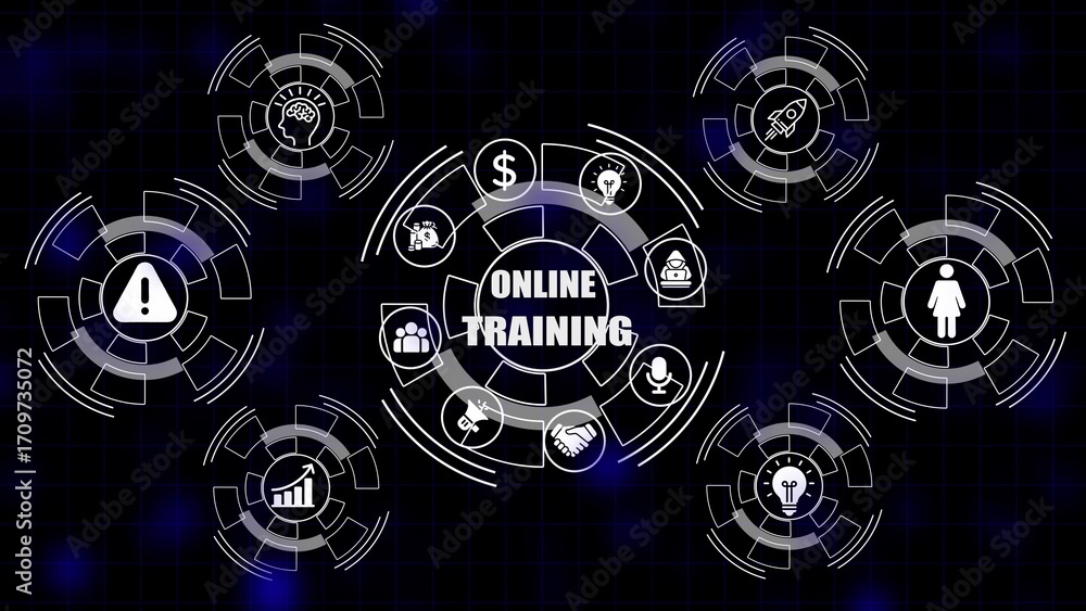 Fototapeta premium Digital online training concept with icons for learning success and business growth on dark background