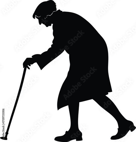 Elderly person silhouette with walking cane vector