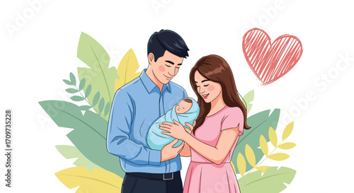 Adobe illustrator artwork vector illustration. A loving couple tenderly embraces their newborn baby, surrounded by soft foliage and a prominent heart symbol, representing family love