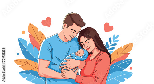 Adobe illustrator artwork vector illustration. A loving couple tenderly embraces their newborn baby, surrounded by soft foliage and a prominent heart symbol, representing family love