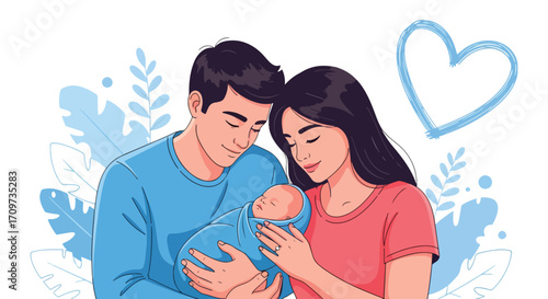 Adobe illustrator artwork vector illustration. A loving couple tenderly embraces their newborn baby, surrounded by soft foliage and a prominent heart symbol, representing family love