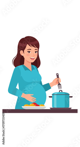 A smiling pregnant woman prepares a healthy meal in her kitchen, carefully tending to a pot on the stove.
