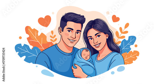 Adobe illustrator artwork vector illustration. A loving couple tenderly embraces their newborn baby, surrounded by soft foliage and a prominent heart symbol, representing family love