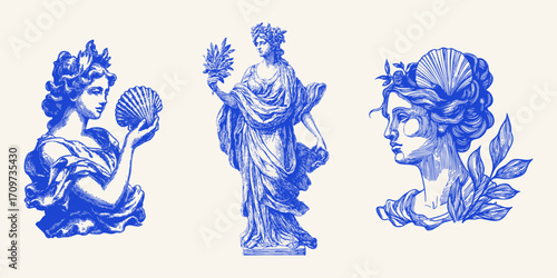 Classical pencil art of ancient goddess holding seashell and laurel. Vintage vector sketch style.