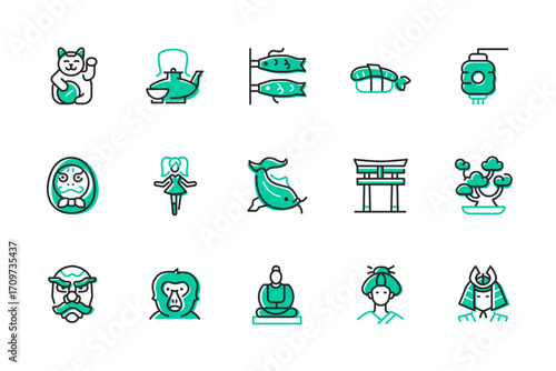 Travel to Japan - set of line design style icons
