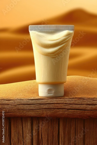 Cream tube on wooden surface, desert backdrop