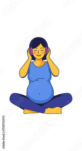 A pregnant woman sits cross-legged, eyes closed, enjoying music through headphones, radiating serenity.