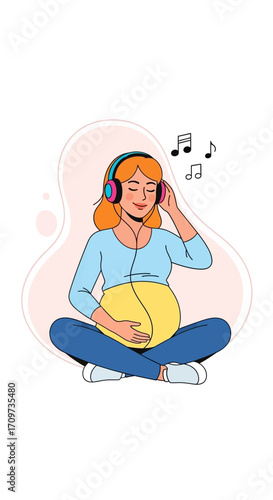 A pregnant woman sits cross-legged, wearing headphones and listening to music, with her eyes closed in a state of relaxation.