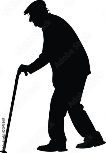 Elderly man silhouette with walking cane vector