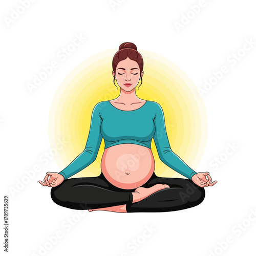 A pregnant woman sits in a meditative yoga pose, eyes closed, radiating peace.