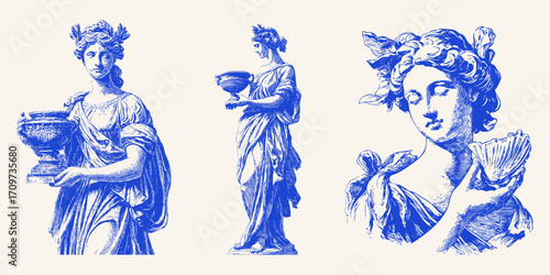 Vintage line art of mythological women with chalices and seashells, antique sketch style.
