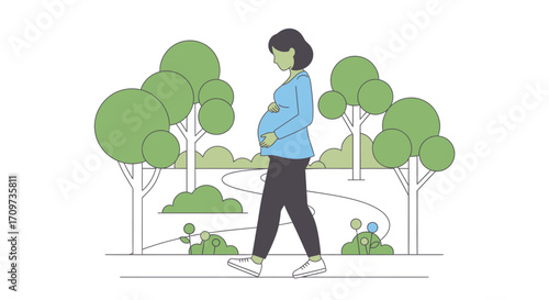 Pregnant woman walking in a park on a sunny day.