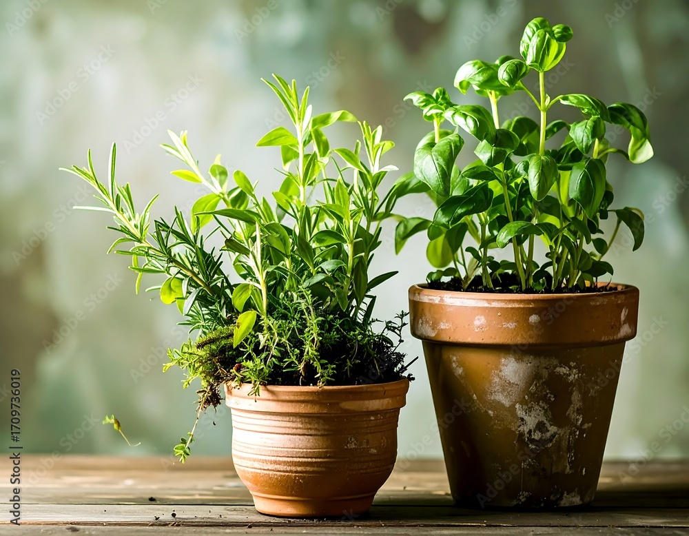 Obraz premium Potted Herbs on Rustic Table