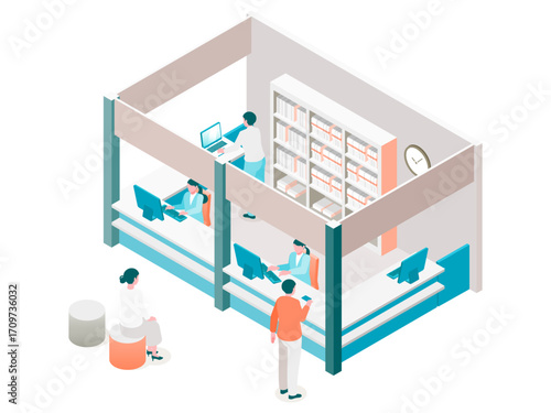 Isometric illustration of a hospital or nursing home reception with staff, visitors, and a medical records counter