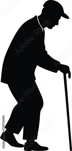 Elderly man silhouette walking with cane vector