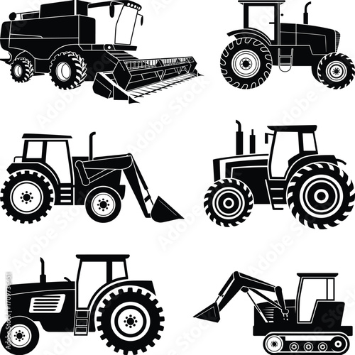 Agricultural and construction vehicle silhouettes, vector machinery icons, farming equipment clipart set, heavy machine design art, rural outline pack, industrial graphic collection