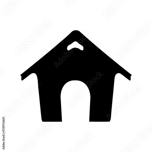 A stylized illustration of a minimalist black doghouse silhouette on white background