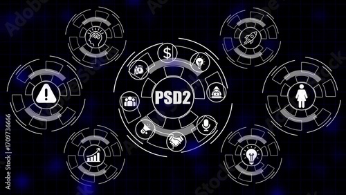P S D2 payment services directive concept with icons for finance technology and security PSD2