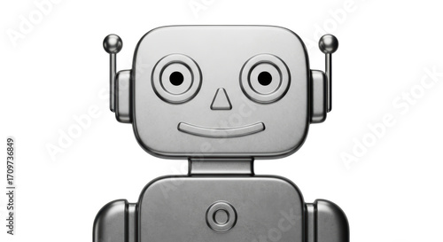 Isolated Friendly Robot on a Simple Background, A Smiling Silver Android in a Flat Design