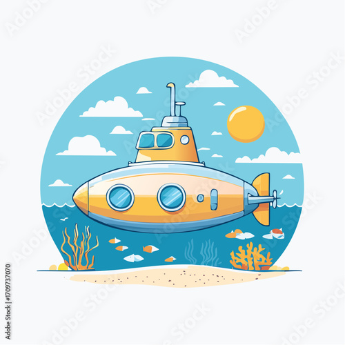 Illustration of a yellow submarine in the ocean with fish, clouds and a bright sun