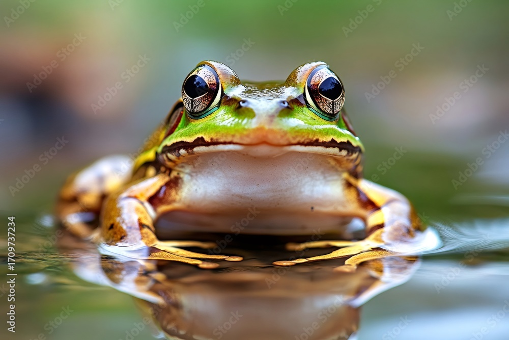 Green and brown frog resting in water with reflection Green and brown frog resting in water with reflection